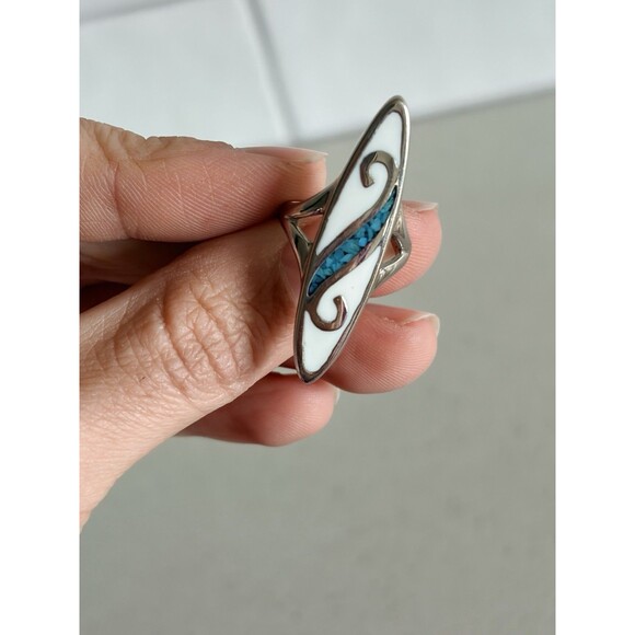 Estate Jewelry - Vintage Russian Silver 84 Blue Turquoise And White Enamel Ring Size 5
